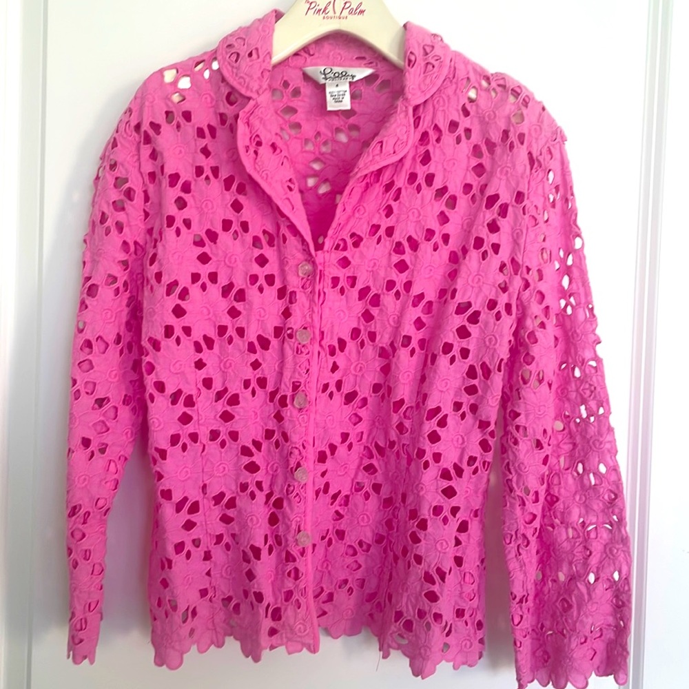Lilly Pulitzer Pink Jacket / Swimsuit Coverup Lace With Rose Buttons Size 4